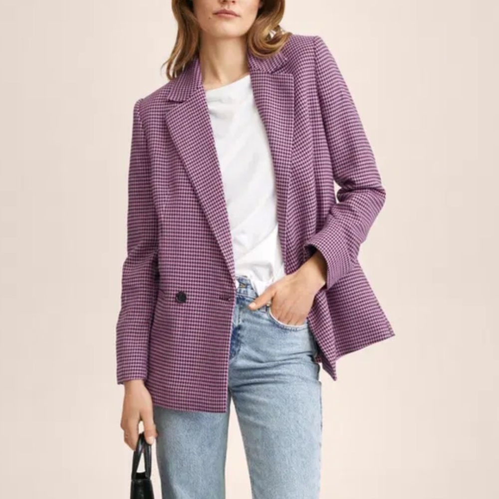 BNWT Mango Pink Houndstooth Double Breasted Blazer Plaid Business Casual